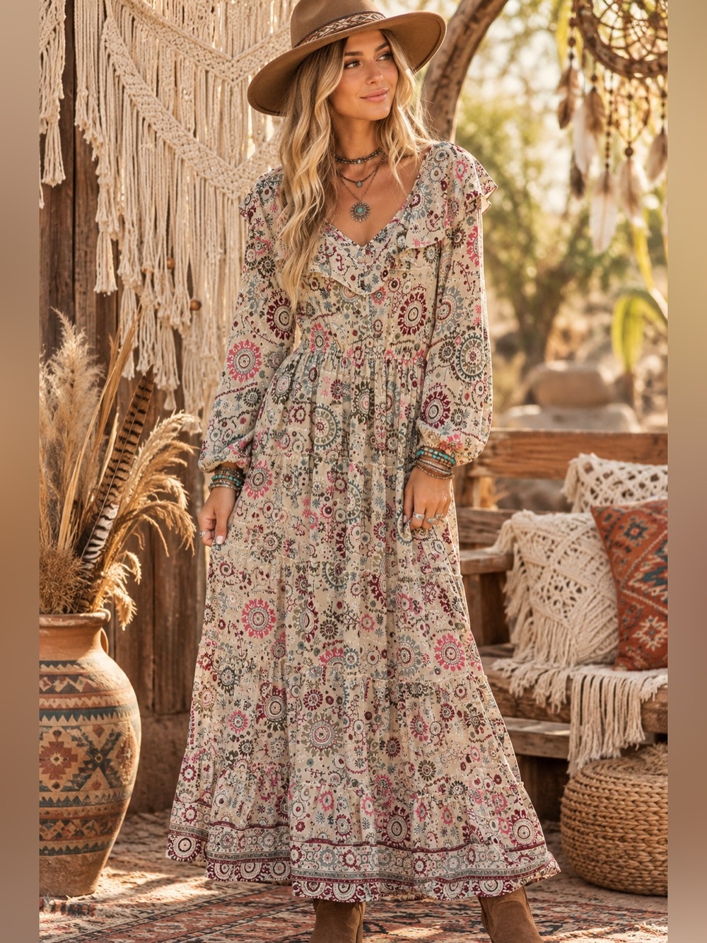 Boemos womans Bohemian Ruffled V-Neck Maxi Dress size M